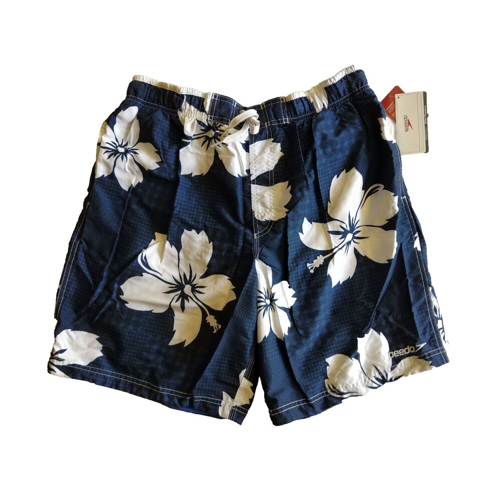 NEW Mens Speedo Swim Trunks Swimwear Size L UPF 50+ Tropical Floral Pockets Navy